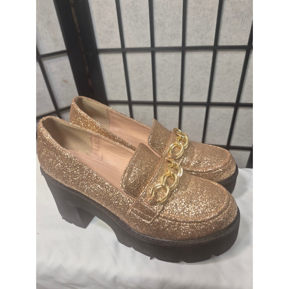 Gold Glitter Platform Loafers with Chunky Heel and Chain Detail